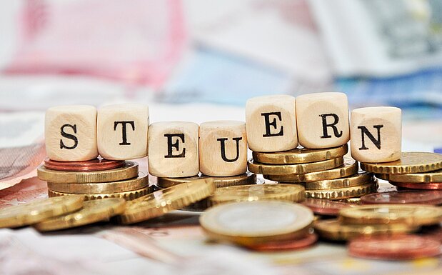Ein Münzberg auf dem das Wort Steuern steht 
